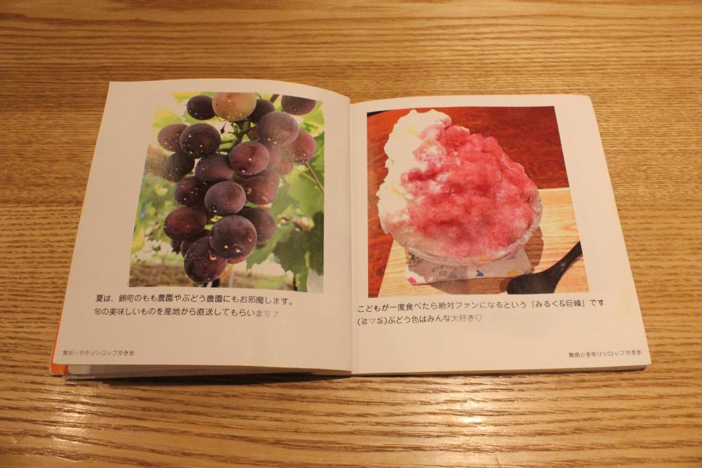 かき氷のシロップに使う食材の紹介をしている冊子。かき氷の待ち時間に読むと、テンションが上がります♪