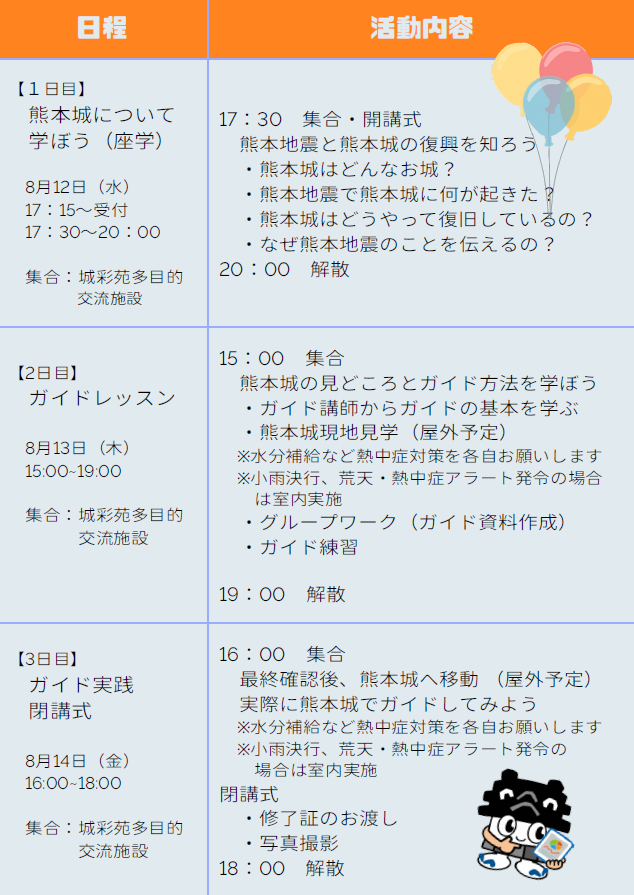 熊本城こどもガイド養成講座 実施スケジュール